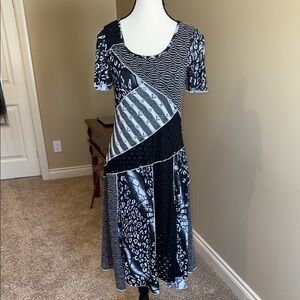Minkas White and Black Asymmetrical Patchwork Midi Sundress